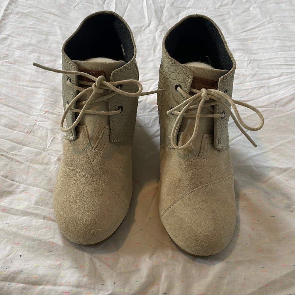 Tom’s Cream Suede Wedge Booties